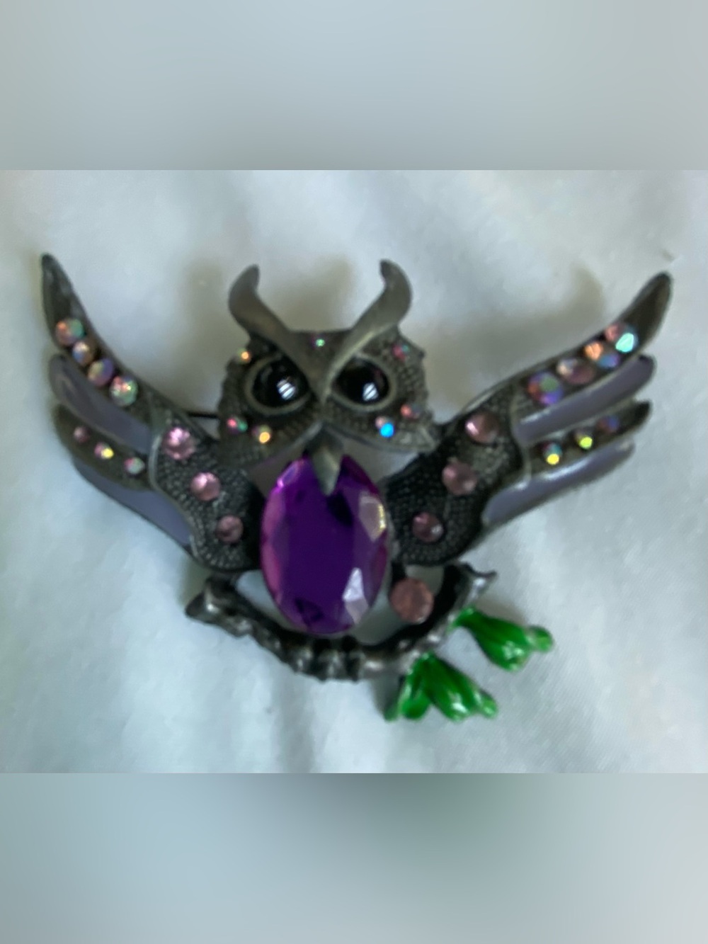 Purple Crystal Owl On Tree Branch Brooch with Green Accents